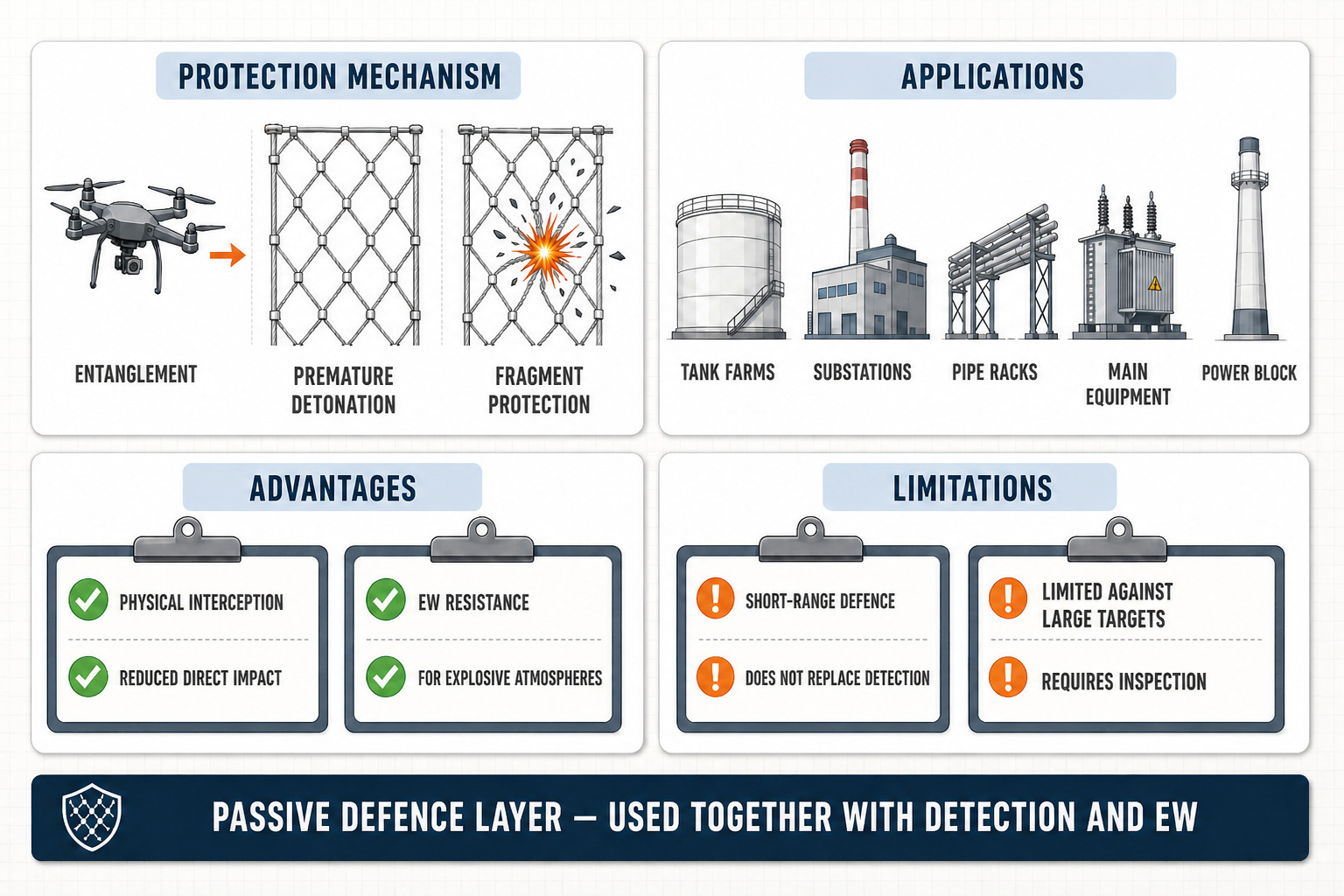 Protection principle, applications, advantages and limitations of an anti-drone steel rope net